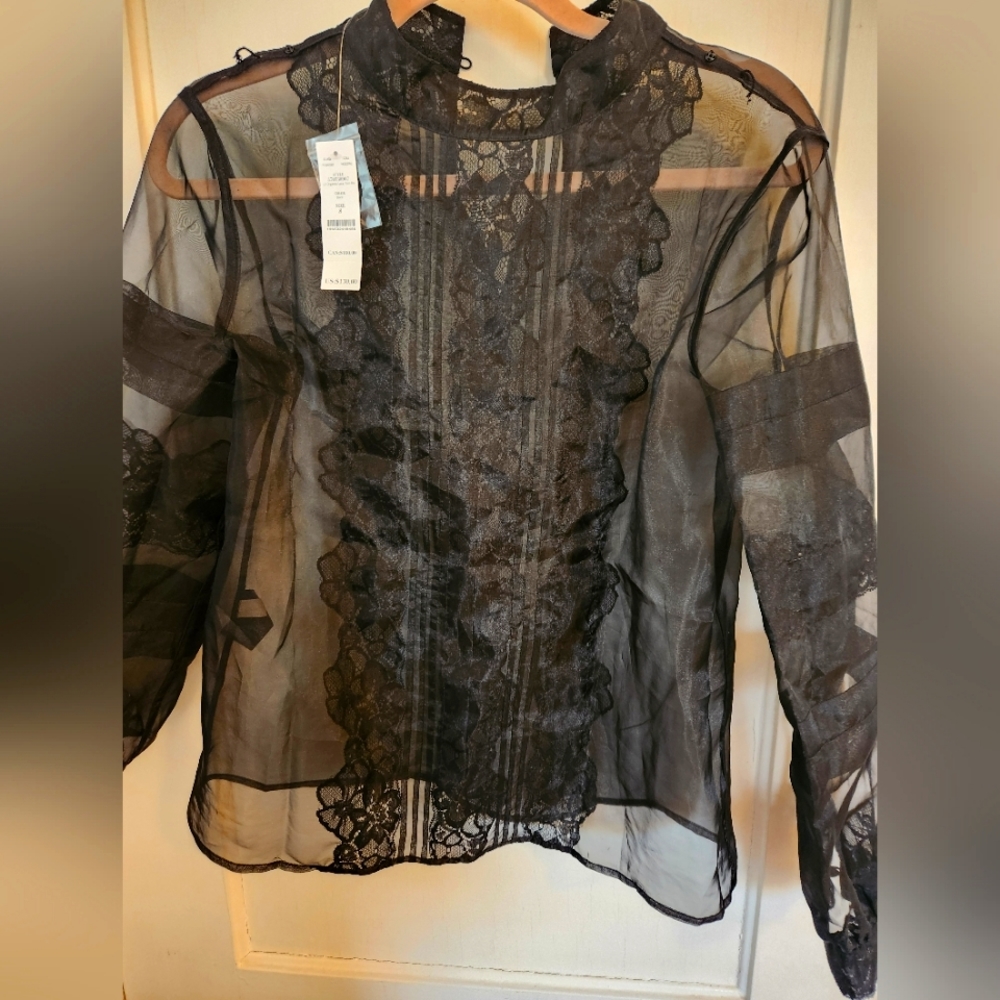 WHBM black lace sheer blouse